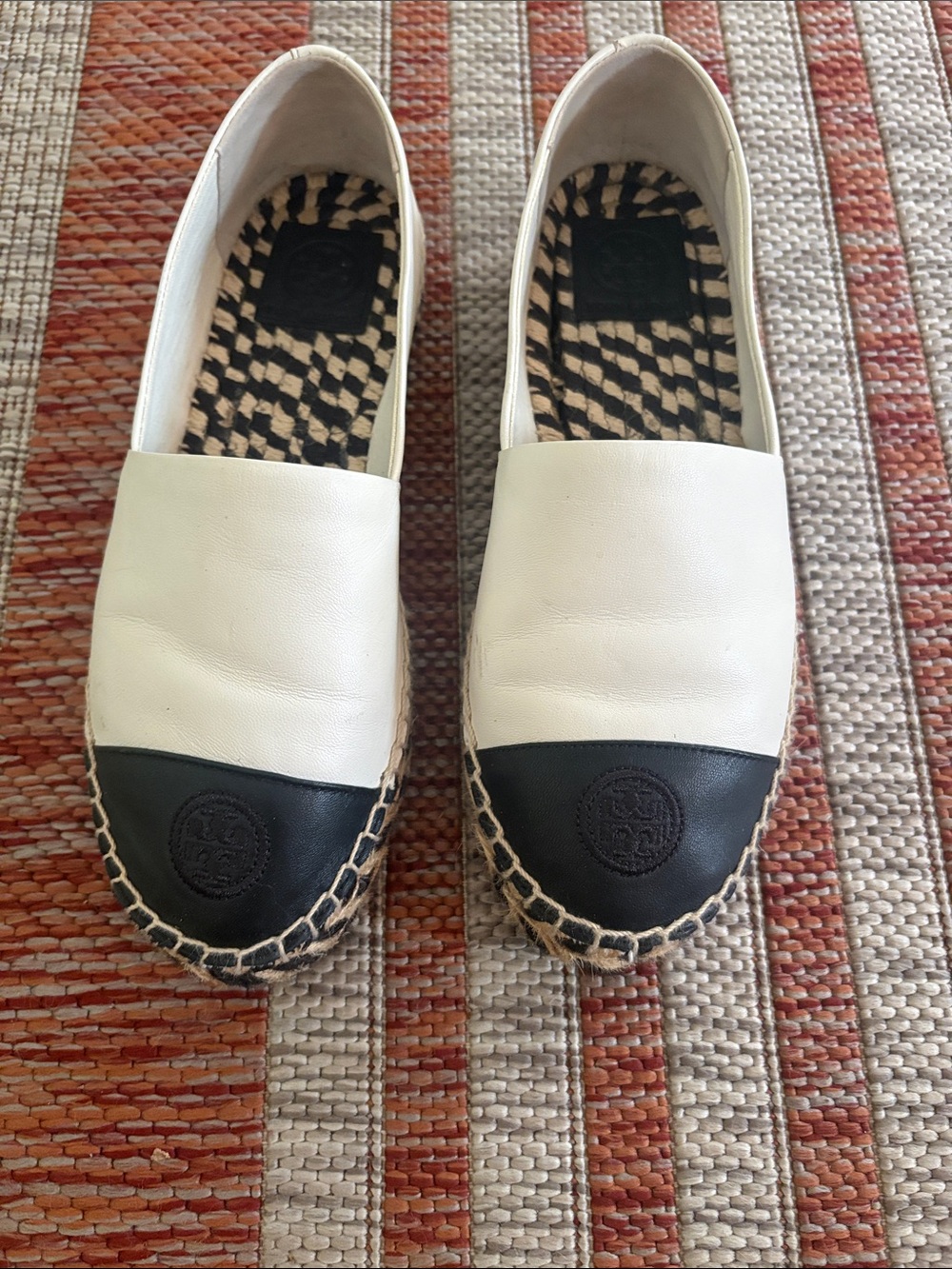 Tory Burch White Leather Espadrilles with Black Toe Cap